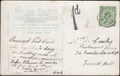 128448 1913 NOVELTY POST CARD UNDERPAID LEWES, SUSSEX TO FOREST HILL.