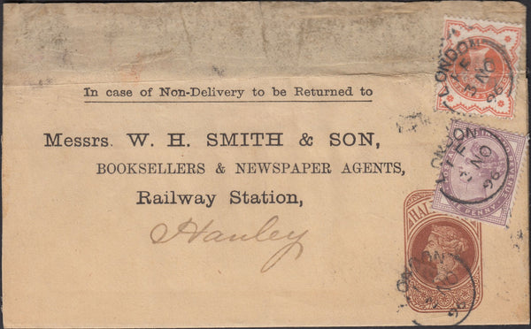 128449 1896 NEWSPAPER WRAPPER LONDON TO 'RAILWAY STATION, HANLEY', STAFFS.