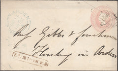 128475 1852 1D PINK ENVELOPE BIRMINGHAM TO HENLEY IN ARDEN WITH 'ELMDON P.P' HAND STAMP (BM276).