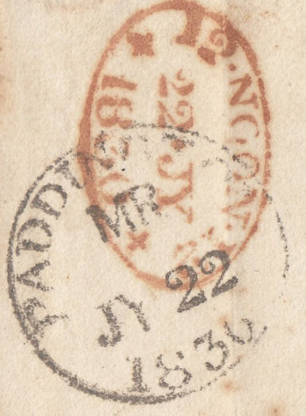 128508 1836 MAIL FROM PADDINGTON USED IN LONDON WITH 'PADDINGTON/MR' LONDON COUNTRY SORTING OFFICE DATE STAMP (L521).