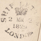 128522 1829 MAIL TO LONDON WITH 'SHIP LETTER/LONDON/CROWN' HAND STAMP (L1218).