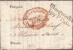128534 1822 MAIL FROM ISLINGTON USED IN LONDON WITH 'IFLINGTON ST/3PY P PAID' HAND STAMP (L508) AND 'ISLINGTON/EV' LONDON COUNTRY SORTING OFFICE DATE STAMP (L521).