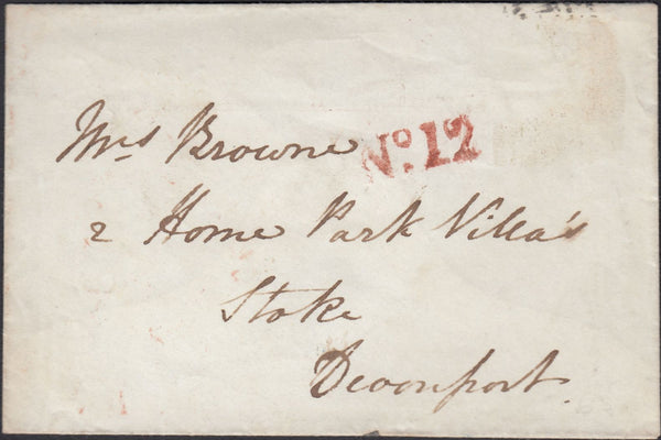 128549 1845 MAIL NEWCASTLE UNDER LYNE, STAFFS TO DEVONPORT WITH 'NO.12' RECEIVING HOUSE HAND STAMP OF MADELEY.