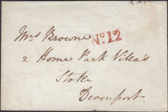 128549 1845 MAIL NEWCASTLE UNDER LYNE, STAFFS TO DEVONPORT WITH 'NO.12' RECEIVING HOUSE HAND STAMP OF MADELEY.