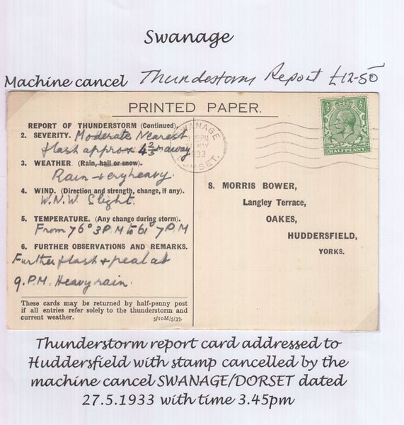 128561 SWANAGE (DORSET) COLLECTION OF CANCELLATIONS 1915-1933 (28 ITEMS).