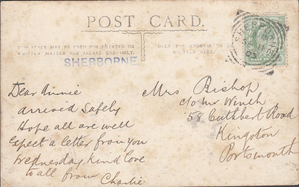 128703 1905 MAIL SHERBORNE TO PORTSMOUTH WITH 'SHERBORNE' SQUARED CIRCLE AND 'SHERBORNE' STRAIGHT LINE HAND STAMP IN BLUE.