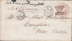 128776 1871 1D PINK ENVELOPE AYR TO PEEBLES WITH MANUSCRIPT 'NOT KNOWN AT CRINGLETIE'.