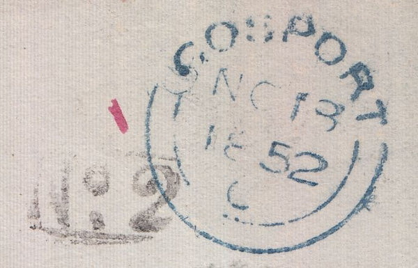128778 1852 MAIL GOSPORT, HANTS TO LUDLOW WITH MANUSCRIPT 'MIFSENT TO' AND 'WALSALL' DATE STAMP.