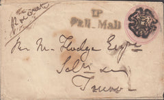 128786 1841 1D PINK ENVELOPE LONDON TO TRURO WITH 'T.P/PALL_MALL' RECEIVER'S HAND STAMP (L505).