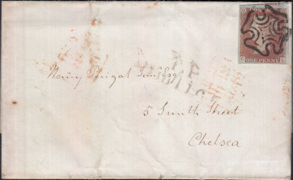 128787 1842 MAIL USED IN LONDON WITH 'T.P/PIMLICO' RECEIVER'S HAND STAMP (L505).