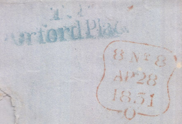 128789 1851 MAIL USED IN LONDON WITH 'T.P/ORFORD PLACE' RECEIVER'S HAND STAMP IN BLUE.