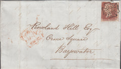 128815 1843 MAIL USED IN LONDON ADDRESSED TO 'ROWLAND HILL ESQ., ORME SQUARE, BAYSWATER' WITH 'T.P./CHIEF.OFFICE' RECEIVERS HAND STAMP (L505).