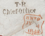 128815 1843 MAIL USED IN LONDON ADDRESSED TO 'ROWLAND HILL ESQ., ORME SQUARE, BAYSWATER' WITH 'T.P./CHIEF.OFFICE' RECEIVERS HAND STAMP (L505).