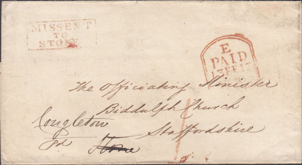 128822 1840 MAIL LONDON TO 'BIDDULPH CHURCH, STAFFORDSHIRE' WITH 'MISSENT/TO/STONE' HAND STAMP (ST690).