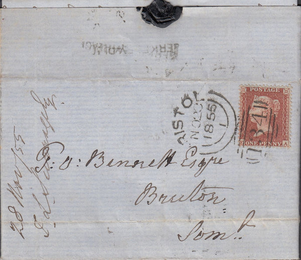 128829 1855 MAIL CLIFTON, BRISTOL TO BRUTON, SOMERSET WITH 'BRISTOL/134' SIDEWAYS DUPLEX AND 'BERKELEY-PLACE' RECEIVERS HAND STAMP (BS156).