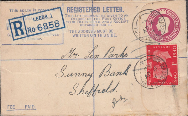 128855 1940 KGVI 4½D PUCE REGISTERED ENVELOPE LEEDS TO SHEFFIELD.