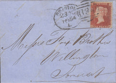 128883 1854 MAIL BRISTOL TO WELLINGTON, SOMERSET WITH 'BRISTOL/134' SPOON TYPE B.