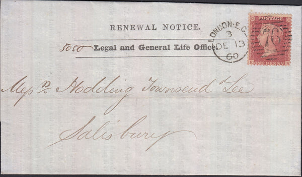 128908 1860 'RENEWAL NOTICE/LEGAL AND GENERAL LIFE OFFICE' LONDON TO SALISBURY.