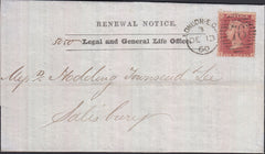 128908 1860 'RENEWAL NOTICE/LEGAL AND GENERAL LIFE OFFICE' LONDON TO SALISBURY.