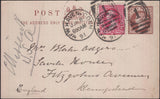 128936 1891 QV ½D BROWN POST CARD USED LOCALLY IN HAMPSTEAD, LONDON BUT MISSENT TO THE USA.
