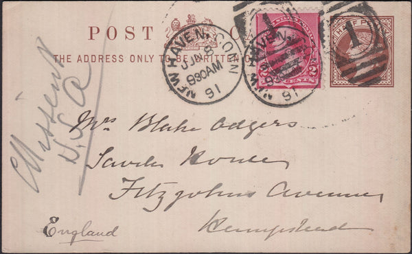 128936 1891 QV ½D BROWN POST CARD USED LOCALLY IN HAMPSTEAD, LONDON BUT MISSENT TO THE USA.