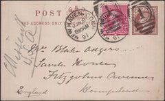 128936 1891 QV ½D BROWN POST CARD USED LOCALLY IN HAMPSTEAD, LONDON BUT MISSENT TO THE USA.