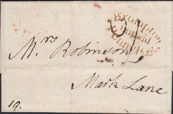 128948 1797 MAIL USED IN LONDON WITH 'BROMPTON/UNPAID/PENNY POST' HAND STAMP IN RED (L448a).