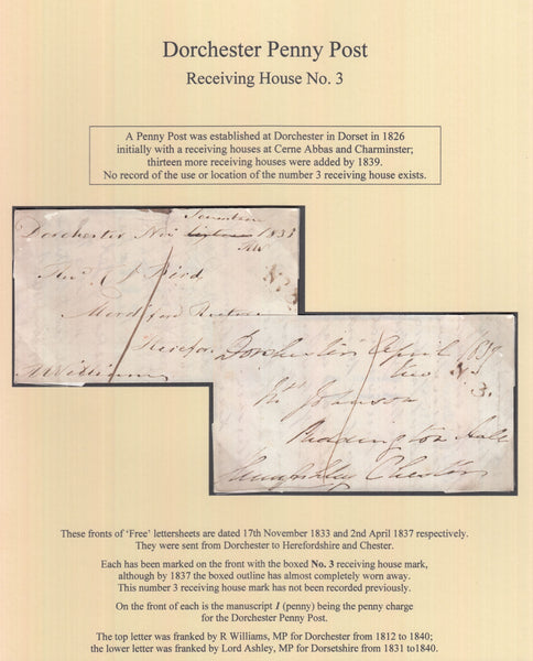129003 1833-1837 FREE FRONTS FROM DORCHESTER WITH 'NO.3' RECEIVING HOUSE HAND STAMP.