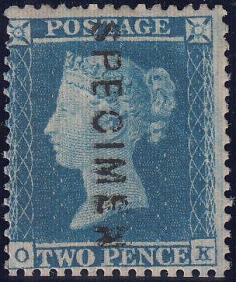 129012 1855 2D BLUE PL.4 S.C.14 OVERPRINTED 'SPECIMEN' TYPE 2 (SG23 SPEC F2s).