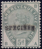 129018 1883 UNISSUED 5D GREEN WITH 'LINE UNDER d' OVERPRINTED 'SPECIMEN' TYPE 9 (SG193 SPEC K23t).
