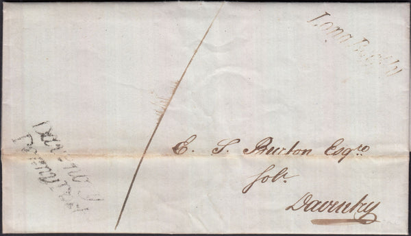 129029 1837 MAIL LONG BUCKBY, NORTHANTS TO DAVENTRY WITH 'LONG BUCKLY' HAND STAMP WITH ERROR OF SPELLING (NN107) AND 'DAVENTRY/PENNY POST' HAND STAMP (NN58).