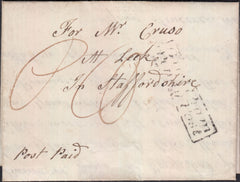 129034 1834 MAIL FULBECK, LINCS TO LEEK, STAFFS WITH 'GRANTHAM/PENNY POST' HAND STAMP (LI444).