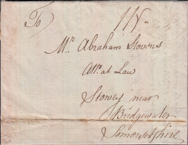 129054 1775 'PARTINGTON' LONDON GENERAL POST RECEIVER'S HAND STAMP OF RICHARD PARTINGTON OF HOLBORN ON LETTER LONDON TO BRIDGEWATER, SOMERSET.