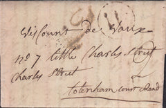 129059 CIRCA 1770-1772 'W' LONDON GENERAL POST RECEIVER'S HAND STAMP ON LETTER ADDRESSED TO TOTTENHAM COURT ROAD.