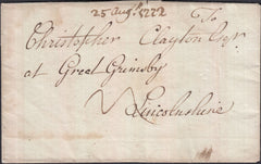 129060 1772 'V' LONDON GENERAL POST RECEIVER'S HAND STAMP OF JOHN VINCE OF CHANDOS STREET ON MAIL LONDON TO GRIMSBY.