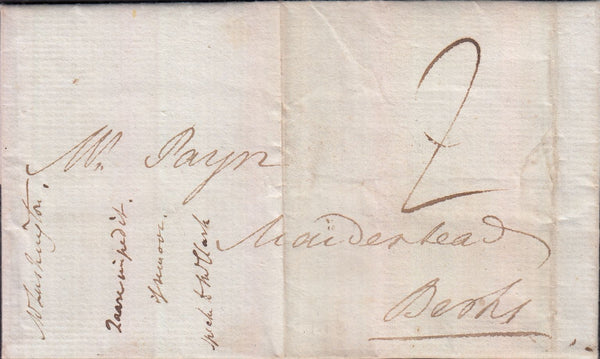 129063 1780 'V' LONDON GENERAL POST RECEIVER'S HAND STAMP OF WILLIAM VENABLES ON LETTER LONDON TO MAIDENHEAD.