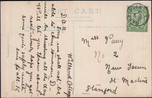 129075 1912 POST CARD TO STAMFORD, LINCS WITH 'BARROWDEN' (RUTLAND) DATE STAMP.