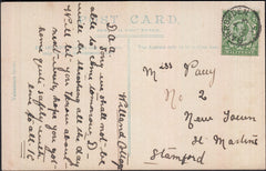 129075 1912 POST CARD TO STAMFORD, LINCS WITH 'BARROWDEN' (RUTLAND) DATE STAMP.
