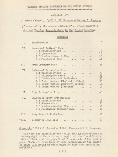 129096 'CURRENT MACHINE POSTMARKS OF THE UNITED KINGDOM' BY J.BRUCE BENNETT, CYRIL R. H. PARSONS AND GEORGE R. PEARSON.