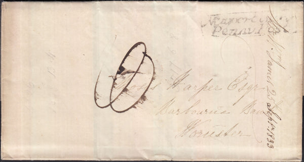 129132 1833 MAIL NEWPORT, MONMOUTH TO WORCESTER WITH 'NEWPORT MON/PENNY POST' HAND STAMP (W1792).