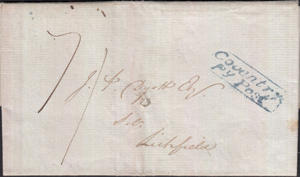 129165 1829 MAIL KENILWORTH, WARKS TO LICHFIELD WITH 'COVENTRY/PY POST' HAND STAMP (WA128).