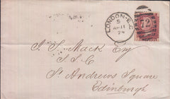 129243 1874 MAIL LONDON TO EDINBURGH WITH 1D PL.140 (SG43)(KL).