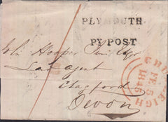 129248 1845 LARGE PART WRAPPER PLYMOUTH TO CHAGFORD, DEVON WITH 'PLYMOUTH/PY POST' HAND STAMP WITH DATE REMOVED (DN1127).