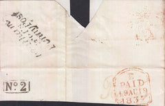 129314 1837 PART PIECE FROM CHESHUNT, HERTS WITH 'WALTHAM/CROFS/PENNY POST' HAND STAMP (HE552) AND 'PAID 5' HAND STAMP (HE556).