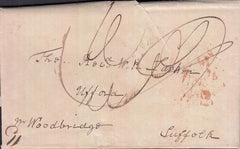 129316 1838 MAIL PUCKERIDGE, HERTS TO WOODBRIDGE WITH 'WARE/PENNY POST' HAND STAMP (HE593).