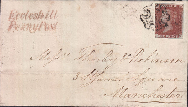 129336 1843 WRAPPER ECCLESHILL, WEST YORKS TO MANCHESTER WITH 'ECCLESHILL/PENNY POST' HAND STAMP IN RED (YK929).