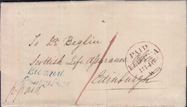 129337 1840 MAIL ELLAND, WEST YORKS TO EDINBURGH WITH 'ELLAND/PENNY POST' HAND STAMP IN BLUE (YK934).