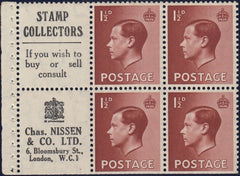 129430 1936 KING EDWARD VIII 1½D RED-BROWN BOOKLET PANE WITH 'STAMP COLLECTORS/CHAS. NISSEN' (SG459a/SPEC PB5(13).