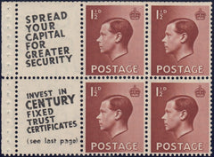 129435 1936 KING EDWARD VIII 1½D RED-BROWN BOOKLET PANE WITH 'SPREAD YOUR CAPITAL/CENTURY FIXED TRUST' ADVERT (SG459aw/SPEC PB5a(11).