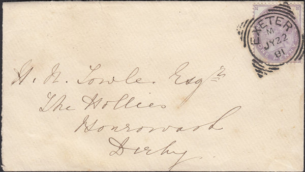 129553 1881 ENVELOPE EXETER TO DERBY WITH 1D FISCAL (F22) CANCELLED 'EXETER' SQUARED CIRCLE.